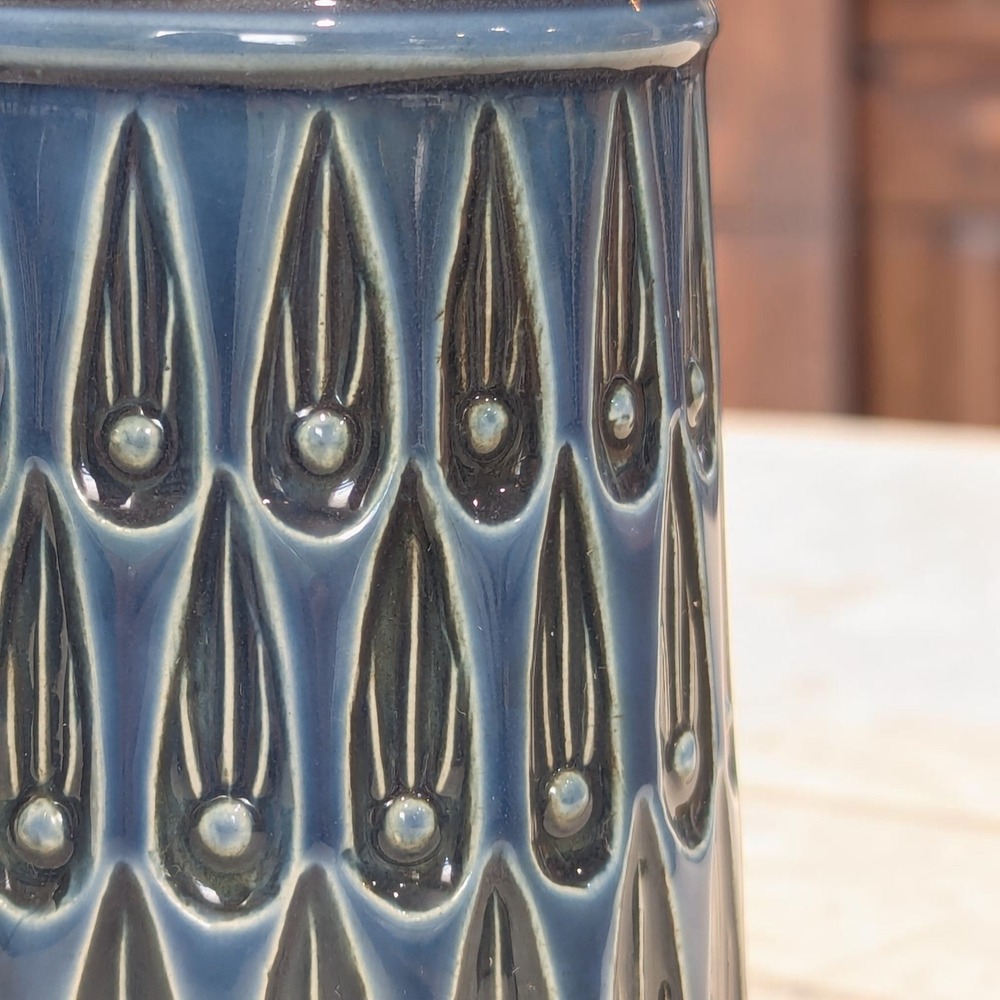 Vintage Ceramic Tankard Set 6 Inch Blue Brown MCM Teardrop Relief